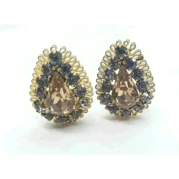 Vintage Earrings Clip Gold Filigree Topaz & Blue Rhinestone Drama Fancy Clip - Picture 1 of 11